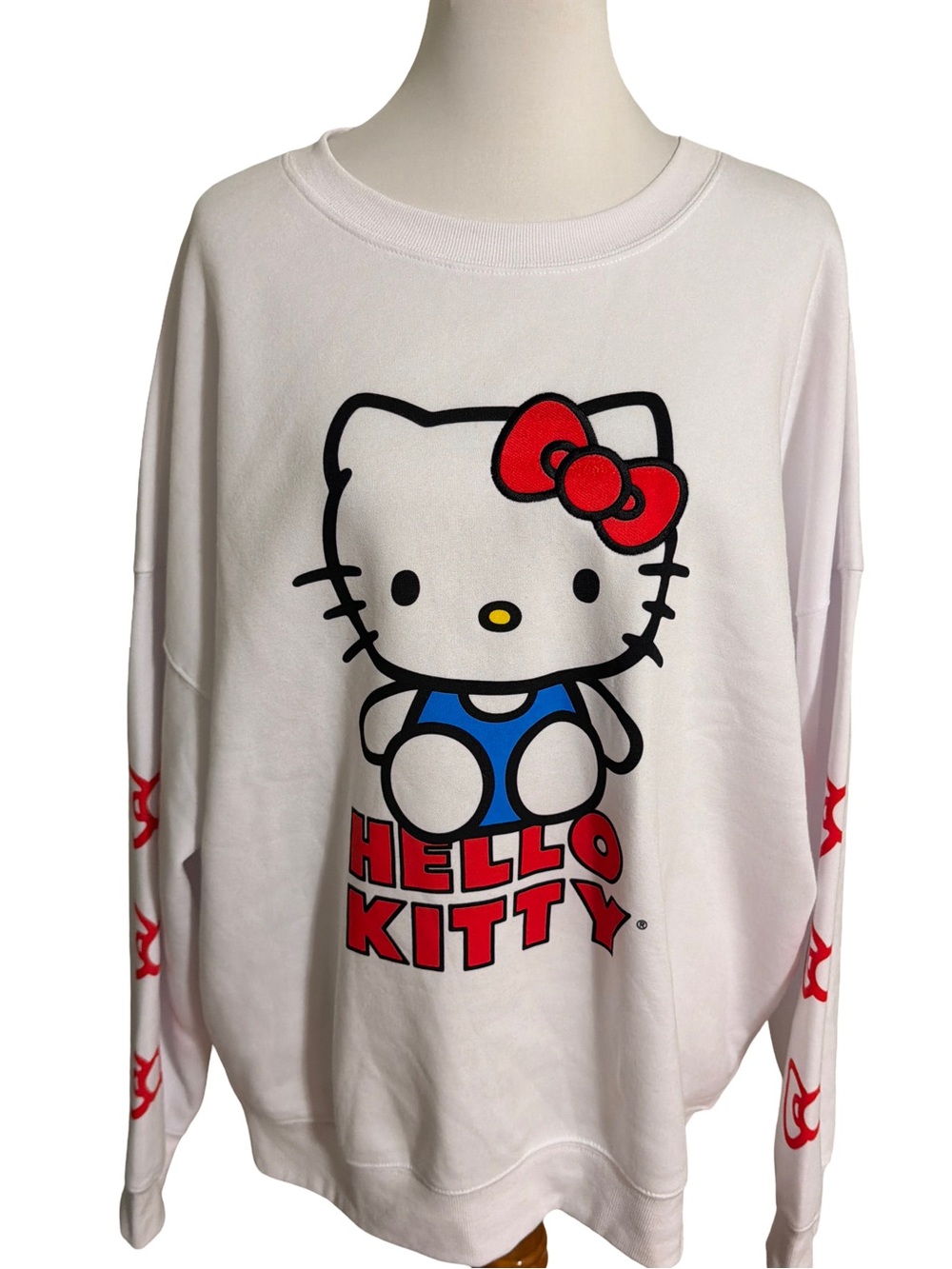 Hello Kitty Oversized White Sweatshirt with Red Bow and Blue Accent